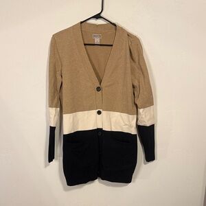 Duluth Trading Co Color Block Cardigan in Tan, Cream, and Black